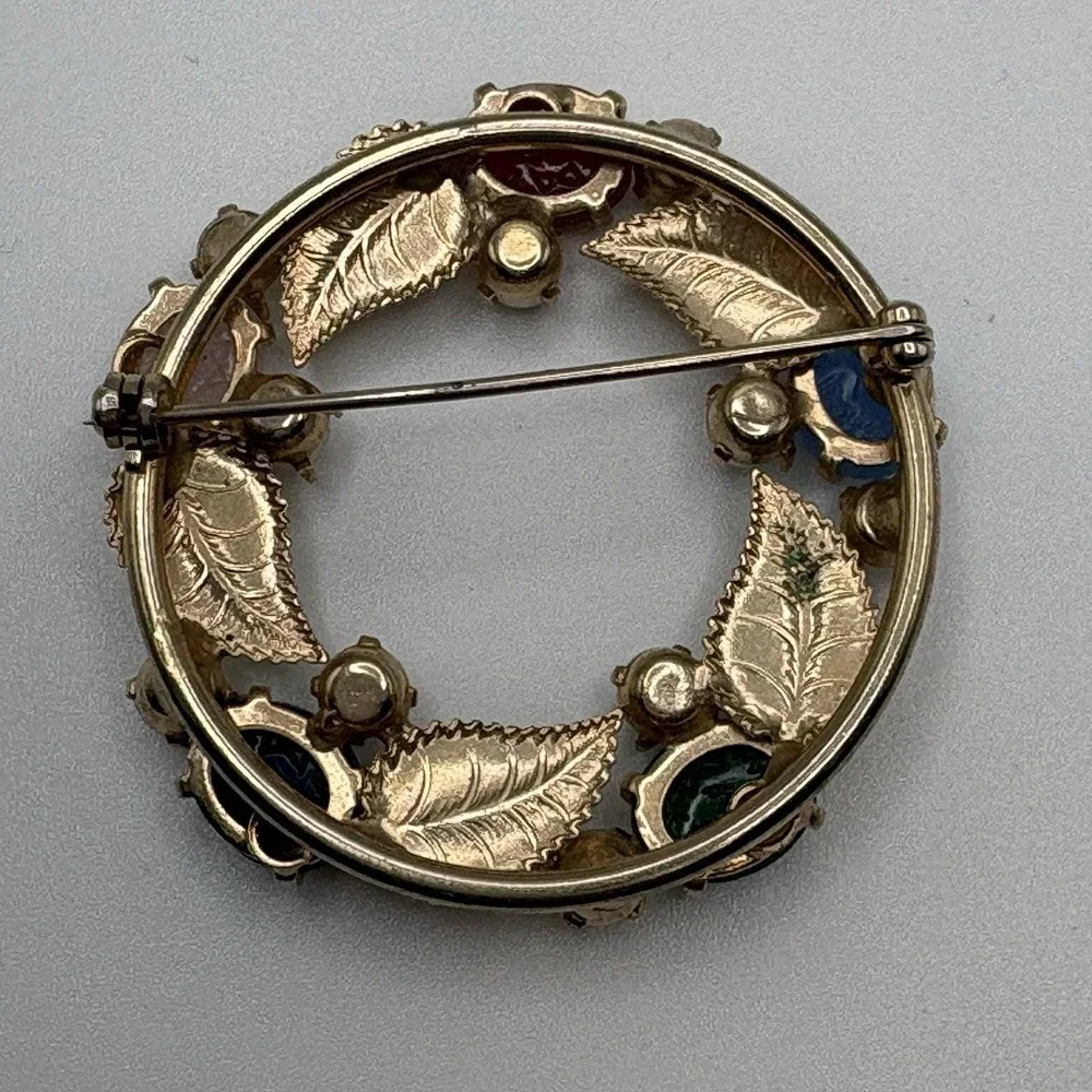 Vintage Scarab Brooch Gold Filled Carved Stone Faux Pearls Wreath